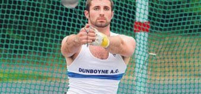 Padraig White throws 63.92m at the AAI Games in Santry